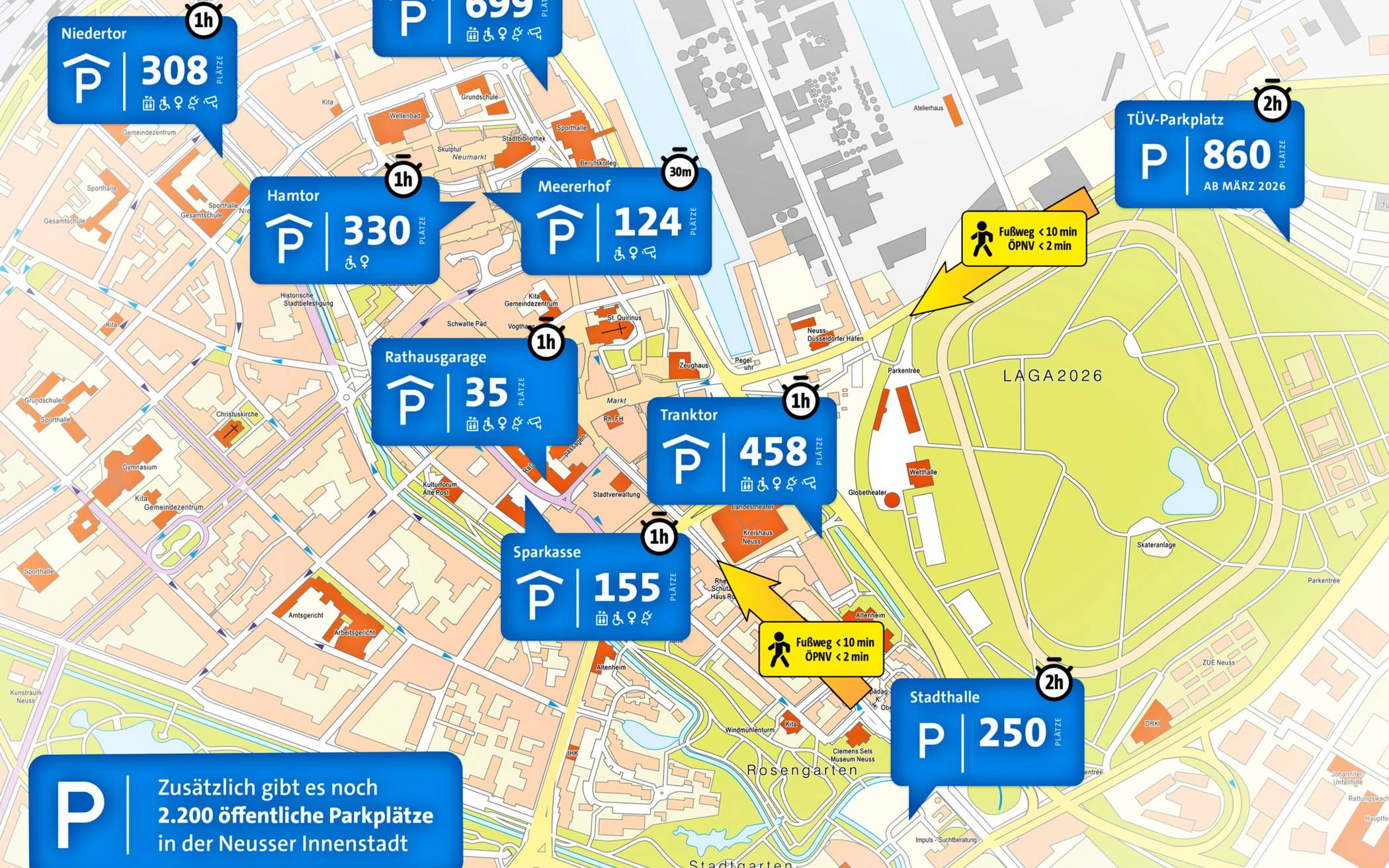  Der Wendersplatz steht ab 1. Februar nicht mehr als Parkplatz zur Verfügung; deshalb weist die Stadt auf weitere Parkmöglichkeiten in der City hin.  Grafik: Stadt Neuss 