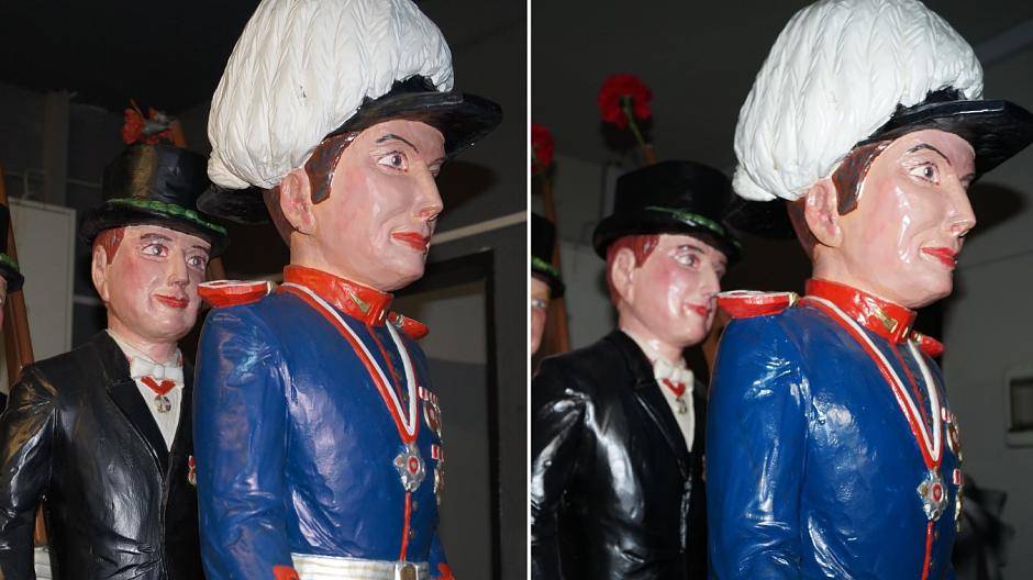 Der Vorher-Nachher-Vergleich: Links wirken die Grenadiere matt, schmutzig und...