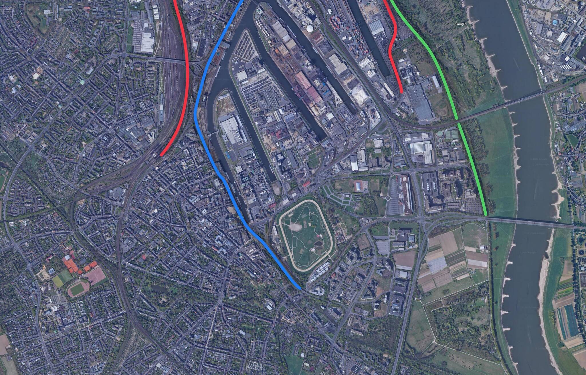  Durch die neue Hubbrücke II könnte die Gleisinfrastruktur des Hafens verbessert (rote Linie) sowie das Radwegenetz ausgebaut (grüne Linie) werden und die Trasse des Notgleises Platz für die Straßenbahn machen (blaue Linie). 