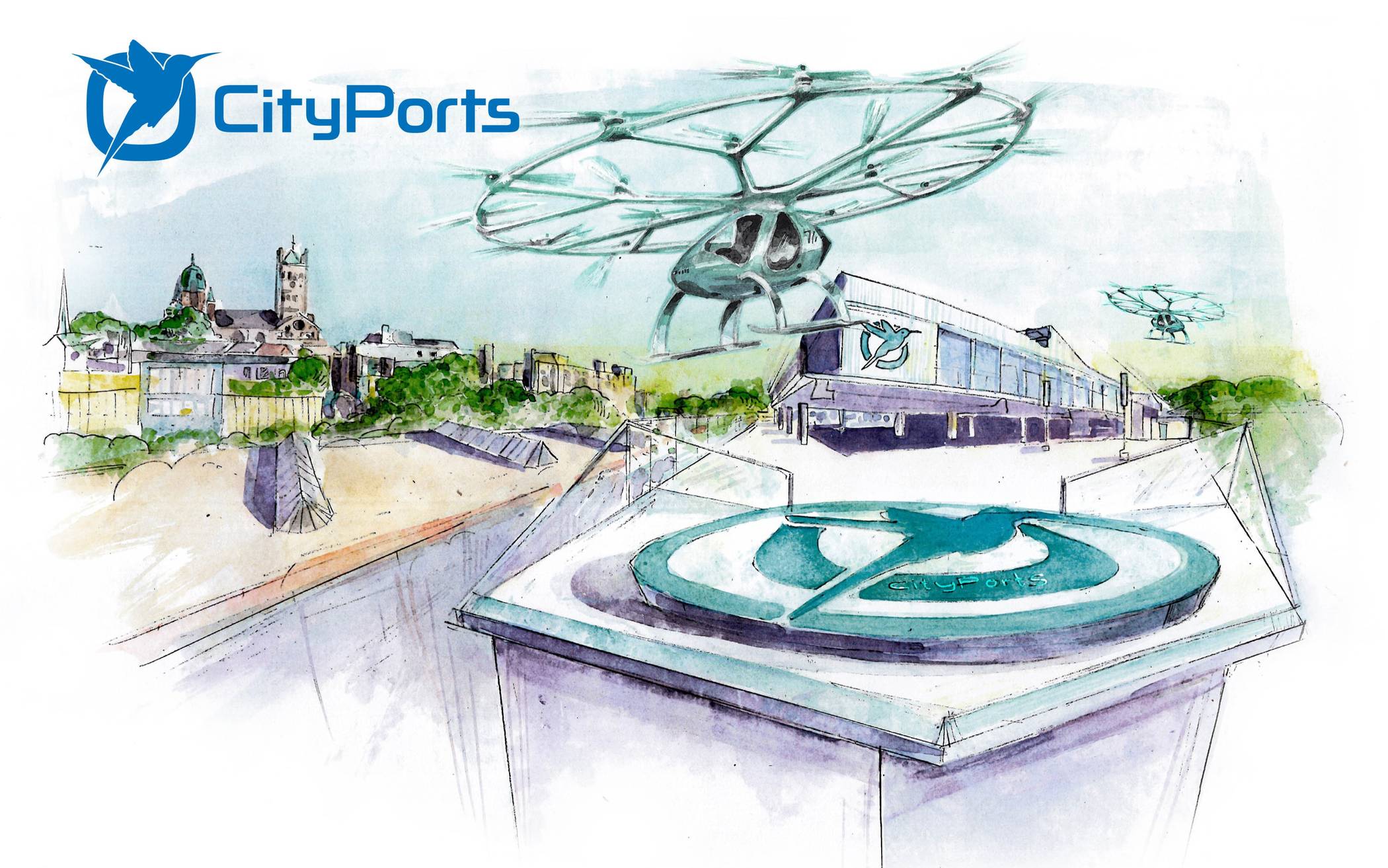  Ein Zukunftsszenario: Das Flugtaxi startet und landet auf dem Rheintor-Parkhaus am Neusser Hafen. 